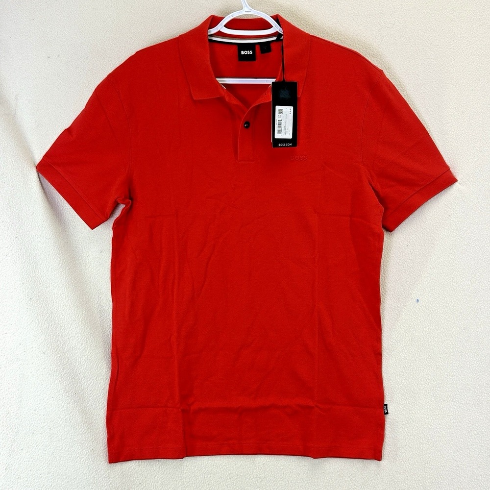 NWT Hugo Boss Mens Large Cotton Polo Shirt Red Short Sleeve